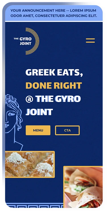 Mobile screen mockup of the home page of a dynamic multi-page restaurant turnkey website